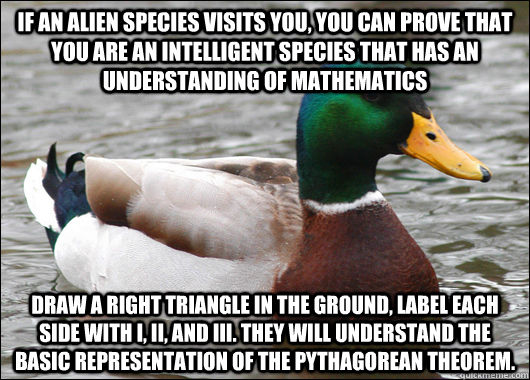 if an alien species visits you, you can prove that you are an intelligent species that has an understanding of mathematics draw a right triangle in the ground, label each side with I, II, and III. they will understand the basic representation of the pytha  Actual Advice Mallard