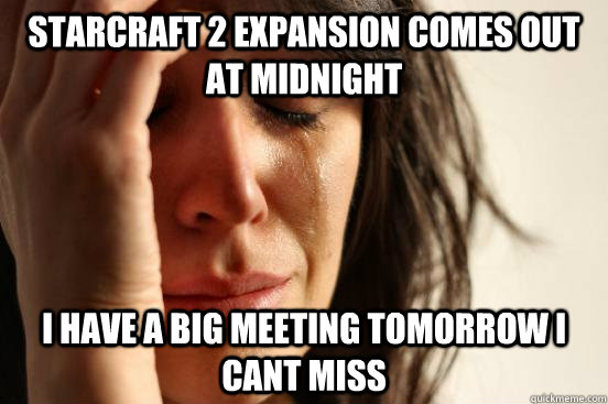 Starcraft 2 Expansion comes out at midnight I have a big meeting tomorrow i cant miss  First World Problems