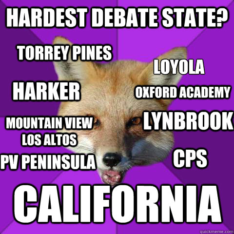 Hardest Debate State? California Mountain View Los Altos Oxford Academy Torrey Pines Loyola
 Harker Lynbrook CPS PV Peninsula  Forensics Fox