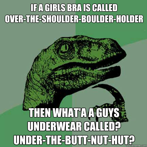 If a girls bra is called
over-the-shoulder-boulder-holder 
 then what'a a guys underwear called?
under-the-butt-nut-hut?  Philosoraptor