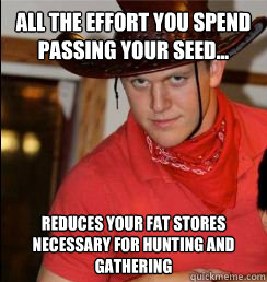 All the effort you spend passing your seed... Reduces your fat stores necessary for hunting and gathering   