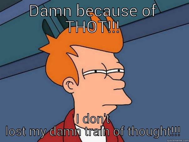 DAMN BECAUSE OF THOT!!! I DON'T LOST MY DAMN TRAIN OF THOUGHT!!! Futurama Fry