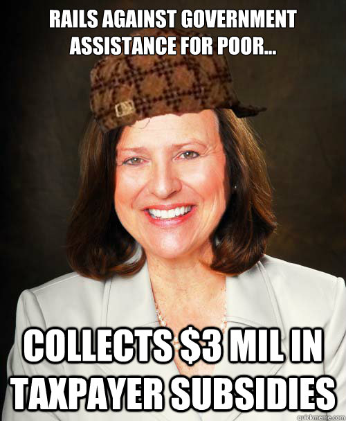 Rails against government assistance for poor... Collects $3 mil in taxpayer subsidies  