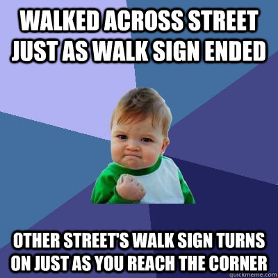 walked across street just as walk sign ended other street's walk sign turns on just as you reach the corner  Success Kid