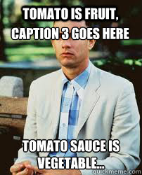 tomato is fruit, tomato sauce is vegetable... Caption 3 goes here  