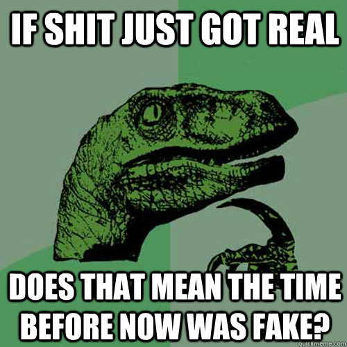 If shit just got real Does that mean the time before now was fake?  Philosoraptor