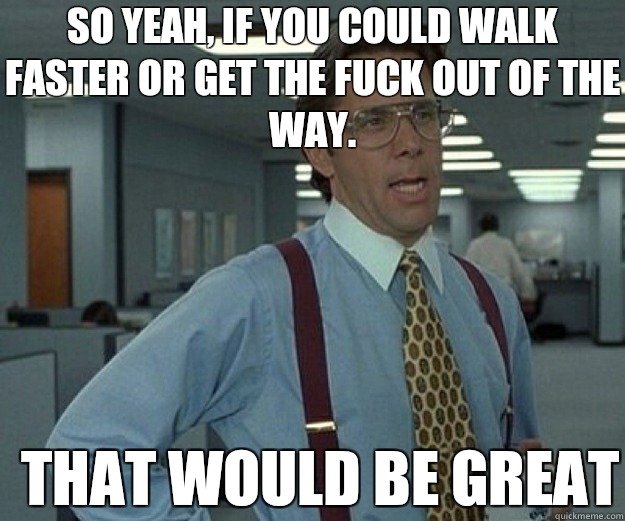 So yeah, if you could walk faster or get the fuck out of the way.  THAT WOULD BE GREAT  that would be great