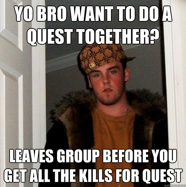 yo bro want to do a quest together? leaves group before you get all the kills for quest  Scumbag Steve