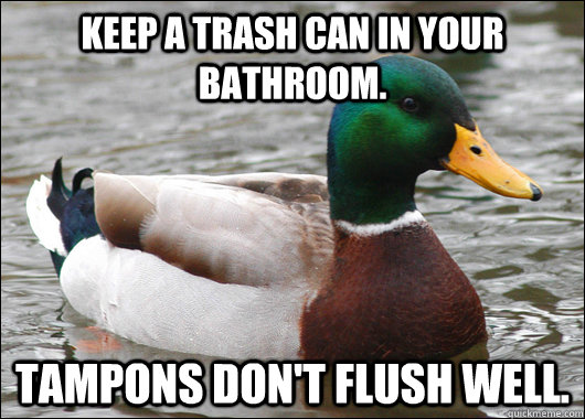 Keep a trash can in your bathroom. Tampons don't flush well.  Actual Advice Mallard