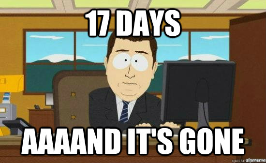 17 Days AAAAND It's gone  aaaand its gone