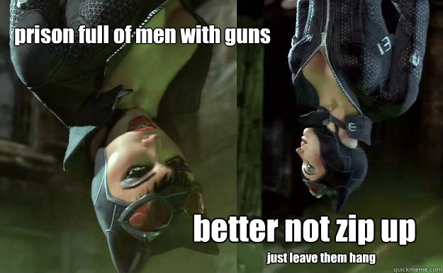 prison full of men with guns  better not zip up just leave them hang  Upside-down Catwoman