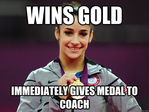 Wins gold  Immediately gives medal to coach  Amiable Aly Raisman