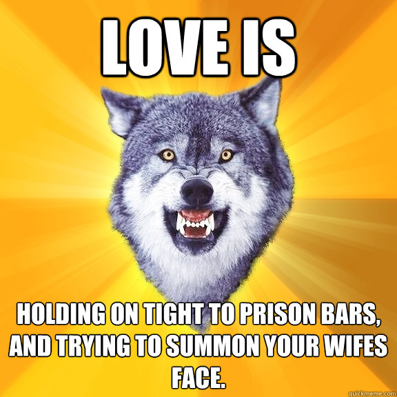 love is holding on tight to prison bars, and trying to summon your wifes face.   Courage Wolf