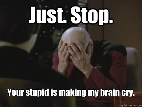 Just. Stop. Your stupid is making my brain cry. - Just. Stop. Your stupid is making my brain cry.  Picard Double Facepalm