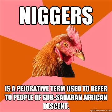 NIGGERS is a pejorative term used to refer to people of Sub-Saharan African descent.  Anti-Joke Chicken