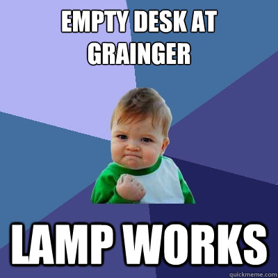empty desk at Grainger Lamp works  Success Kid