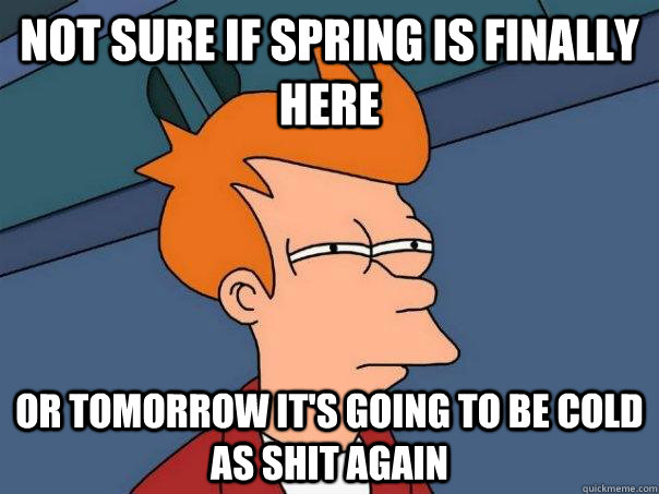 not sure if spring is finally here or tomorrow it's going to be cold as shit again  Futurama Fry