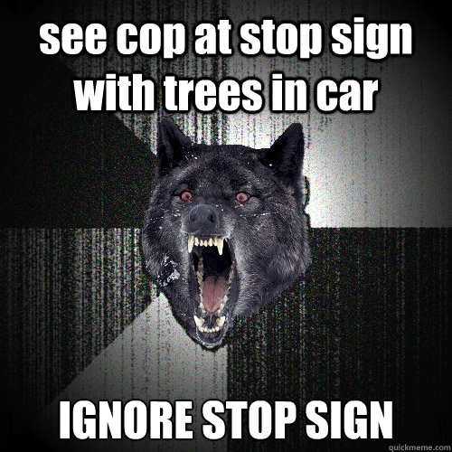 see cop at stop sign with trees in car IGNORE STOP SIGN  Insanity Wolf