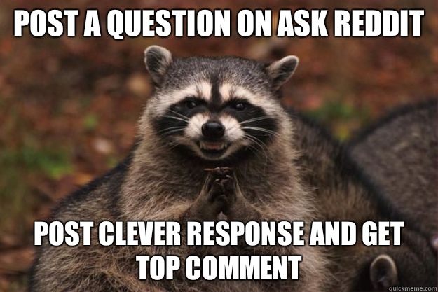 Post a question on ask reddit Post clever response and get top comment  Evil Plotting Raccoon