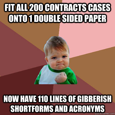 Fit all 200 Contracts cases onto 1 double sided paper now have 110 lines of gibberish shortforms and acronyms - Fit all 200 Contracts cases onto 1 double sided paper now have 110 lines of gibberish shortforms and acronyms  Failure Kid