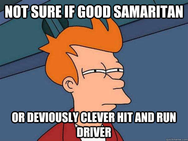 Not sure if good Samaritan  Or deviously clever hit and run driver  Futurama Fry