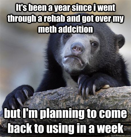 It's been a year since i went through a rehab and got over my meth addcition but I'm planning to come back to using in a week - It's been a year since i went through a rehab and got over my meth addcition but I'm planning to come back to using in a week  Confession Bear