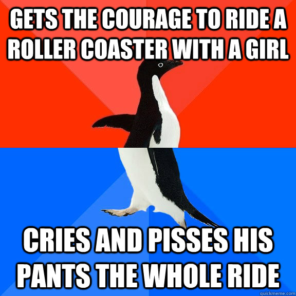 Gets the courage to ride a roller coaster with a girl cries and pisses his pants the whole ride  Socially Awesome Awkward Penguin