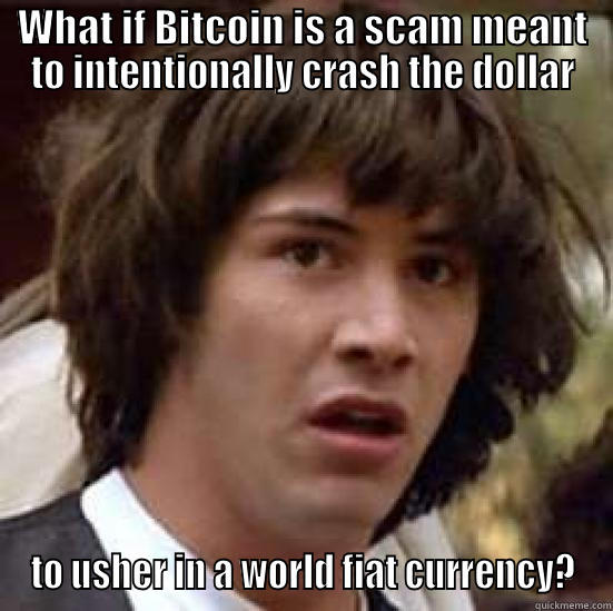 BITCOINS   - WHAT IF BITCOIN IS A SCAM MEANT TO INTENTIONALLY CRASH THE DOLLAR TO USHER IN A WORLD FIAT CURRENCY? conspiracy keanu