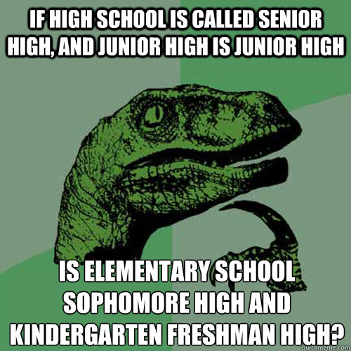 If high school is called senior high, and junior high is junior high is elementary school sophomore high and kindergarten freshman high?
  Philosoraptor
