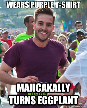 Wears purple t-shirt majicakally turns eggplant  Ridiculously photogenic guy