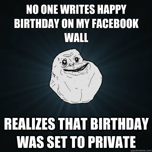 NO ONE WRITES HAPPY BIRTHDAY ON MY FACEBOOK WALL REALIZES THAT BIRTHDAY WAS SET TO PRIVATE  Forever Alone