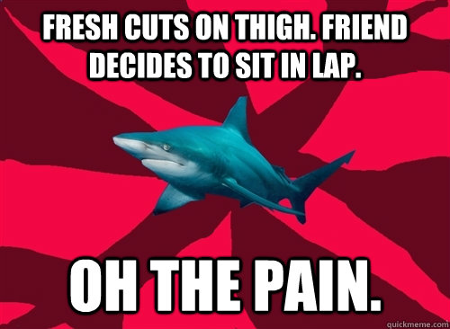 Fresh cuts on thigh. Friend decides to sit in lap. Oh the pain. - Fresh cuts on thigh. Friend decides to sit in lap. Oh the pain.  Self-Injury Shark