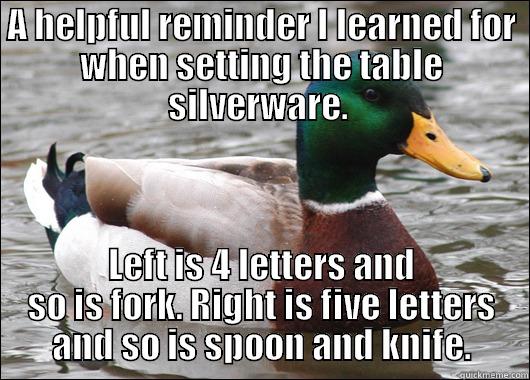 A HELPFUL REMINDER I LEARNED FOR WHEN SETTING THE TABLE SILVERWARE.  LEFT IS 4 LETTERS AND SO IS FORK. RIGHT IS FIVE LETTERS AND SO IS SPOON AND KNIFE. Actual Advice Mallard