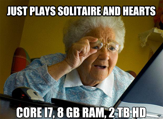JUST PLAYS SOLITAIRE AND HEARTS CORE I7, 8 GB RAM, 2 TB HD   - JUST PLAYS SOLITAIRE AND HEARTS CORE I7, 8 GB RAM, 2 TB HD    Grandma finds the Internet