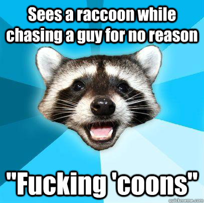 Sees a raccoon while chasing a guy for no reason 