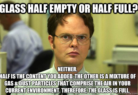 glass half empty or half full? Neither.
half is the content you added, the other is a mixture of gas & dust particles that comprise the air in your current environment. Therefore, the glass is full.  Schrute