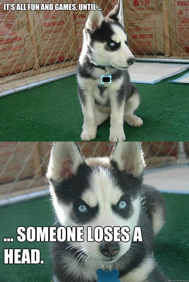 It's all fun and games, until ... ... someone loses a head.  Insanity puppy
