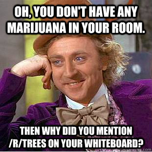 Oh, you don't have any marijuana in your room. Then why did you mention /r/trees on your whiteboard?   Condescending Wonka