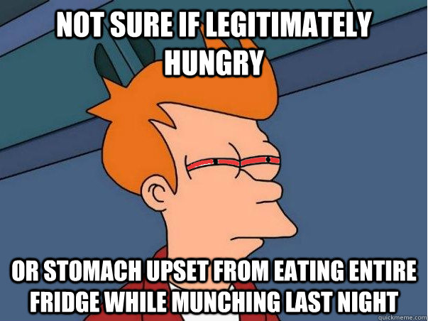 Not sure if legitimately hungry Or stomach upset from eating entire fridge while munching last night  High Fry
