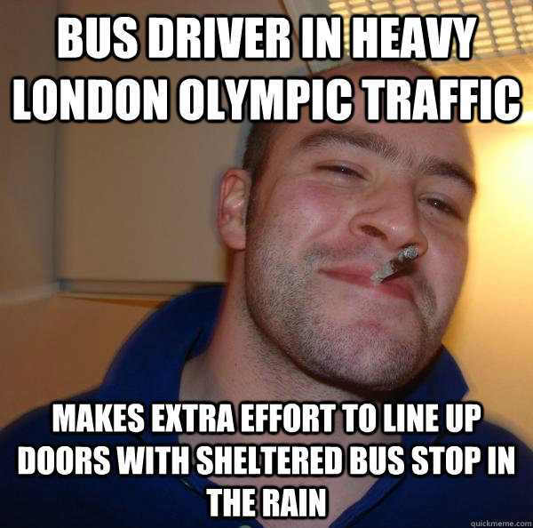 Bus driver in heavy london olympic traffic makes extra effort to line up doors with sheltered bus stop in the rain - Bus driver in heavy london olympic traffic makes extra effort to line up doors with sheltered bus stop in the rain  Misc