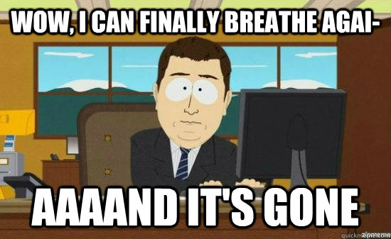 wow, I can finally breathe agai- AAAAND IT'S GONE  aaaand its gone
