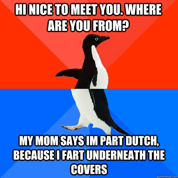Hi nice to meet you. where are you from? My mom says im part dutch, because i fart underneath the covers  Socially Awesome Awkward Penguin