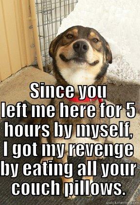   SINCE YOU LEFT ME HERE FOR 5 HOURS BY MYSELF, I GOT MY REVENGE BY EATING ALL YOUR COUCH PILLOWS. Good Dog Greg