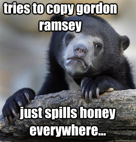 tries to copy gordon ramsey just spills honey everywhere...  Confession Bear
