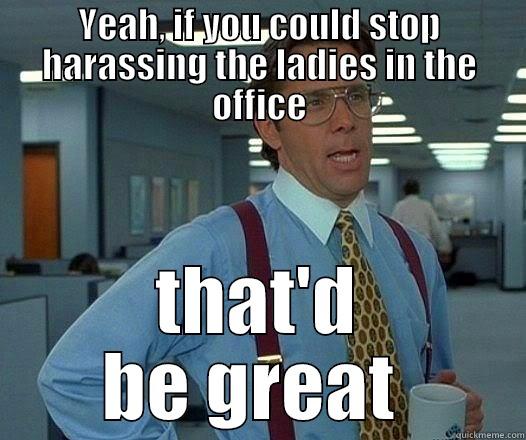 boom  - YEAH, IF YOU COULD STOP HARASSING THE LADIES IN THE OFFICE THAT'D BE GREAT  Office Space Lumbergh