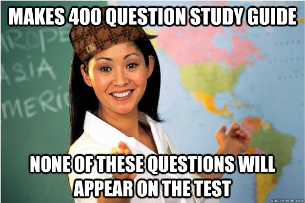 Makes 400 question study guide  none of these questions will appear on the test   Scumbag Teacher