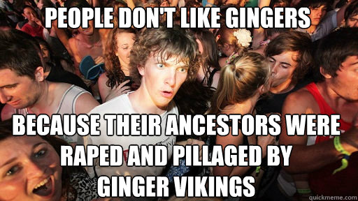 People don't like gingers 
  because their ancestors were raped and pillaged by 
ginger vikings  Sudden Clarity Clarence