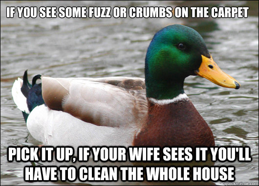 if you see some fuzz or crumbs on the carpet pick it up, if your wife sees it you'll have to clean the whole house  Actual Advice Mallard