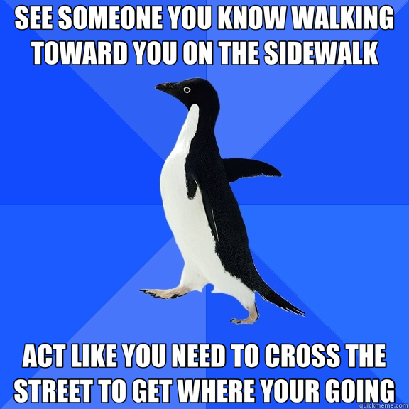SEE SOMEONE YOU KNOW WALKING TOWARD YOU ON THE SIDEWALK ACT LIKE YOU NEED TO CROSS THE STREET TO GET WHERE YOUR GOING  Socially Awkward Penguin