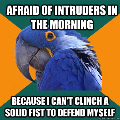 afraid of intruders in the morning because i can't clinch a solid fist to defend myself  ParanoidParrot